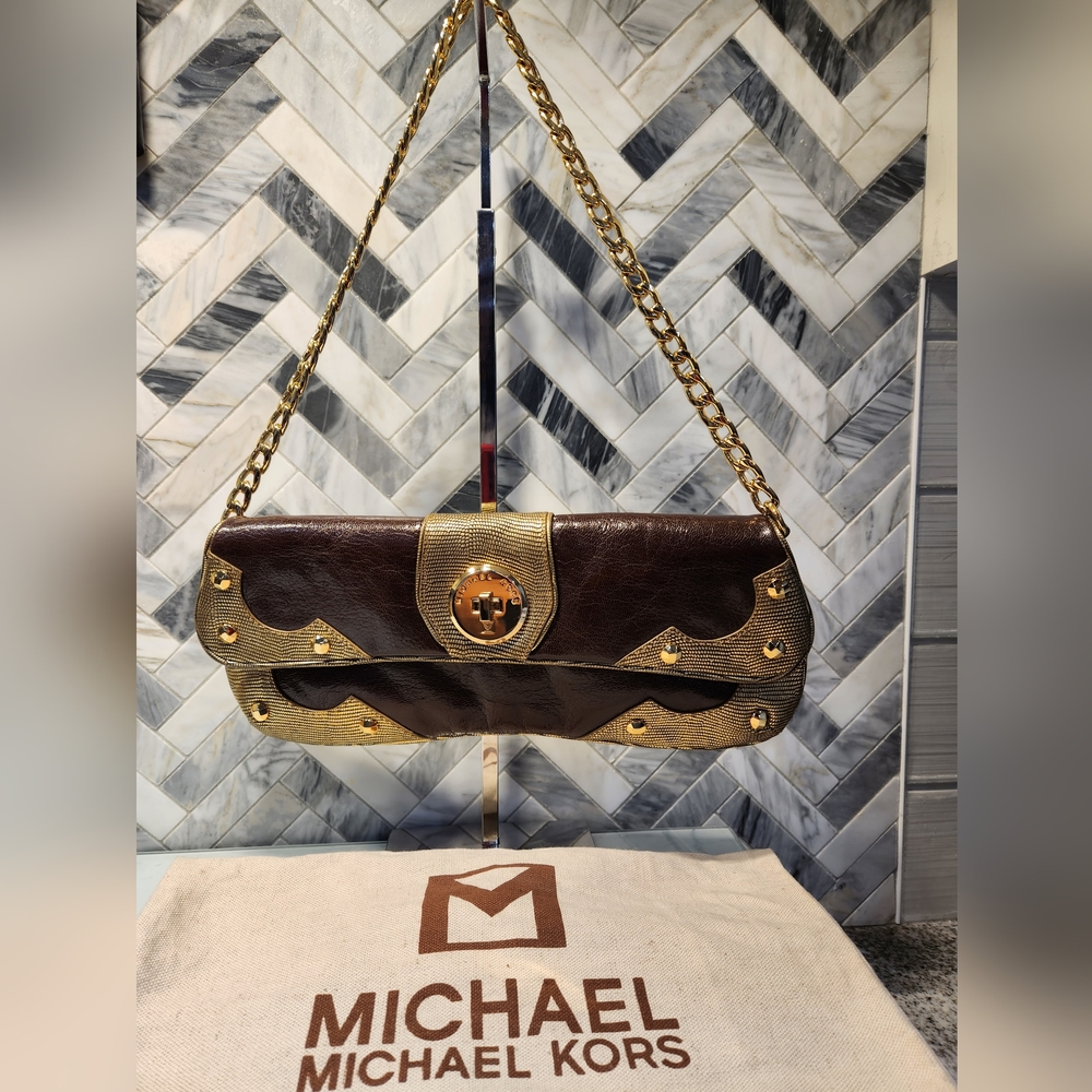 Michael Kors Rare Brown & Gold Chain Saddle Shoulder Bag/Clutch with Dust Cover